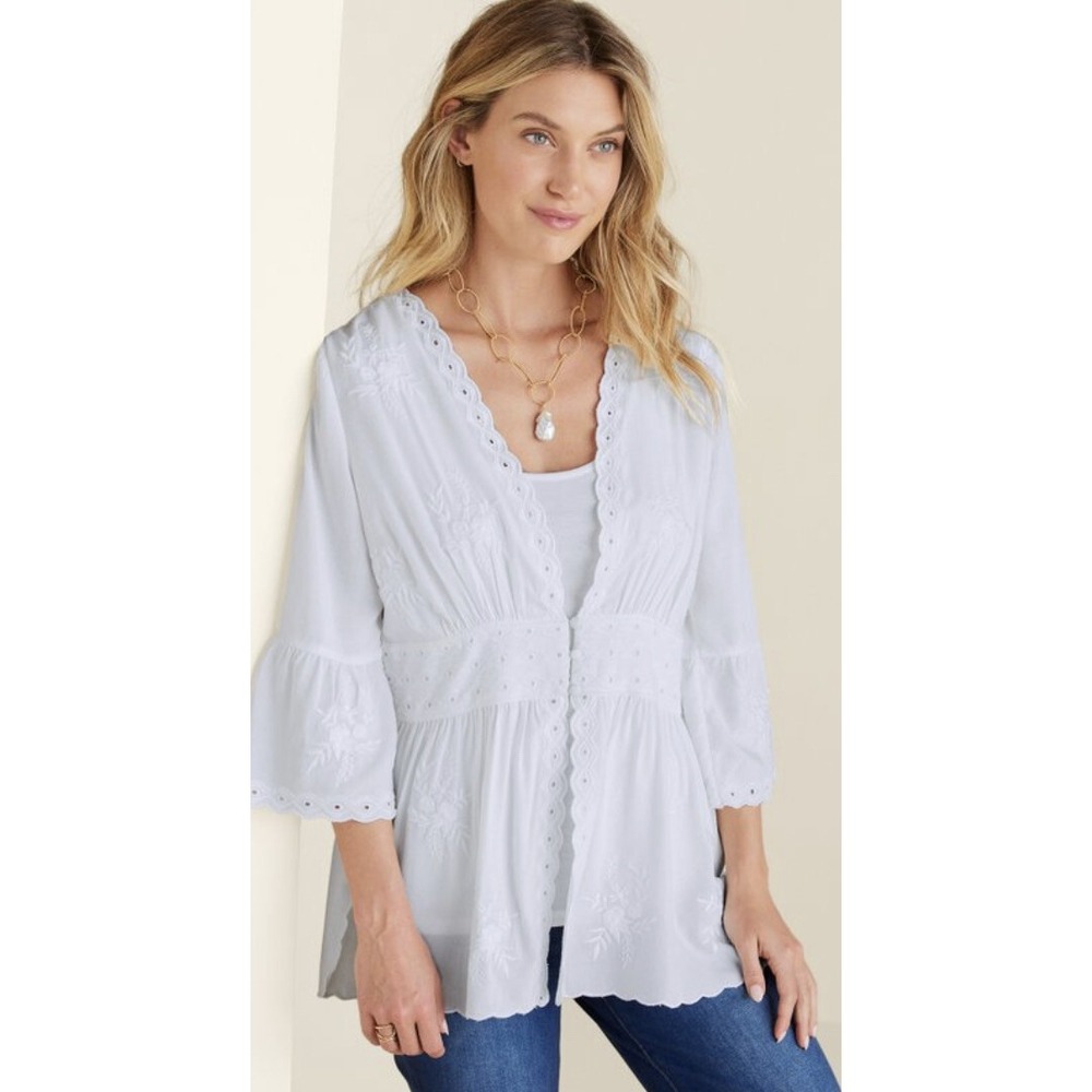 Soft Surroundings White Button Front 3/4 Bell Slv w/ Lace Large Melissani Tunic - Picture 3 of 5